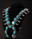 Silver and Turquoise Squash Blossom with Naja Pendant, 12 silver tulips, double strand silver Navajo