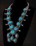 Silver and Turquoise Squash Blossom with Naja Pendant, 10 silver tulips, single to double strand sil
