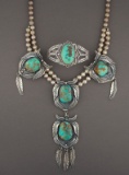 Beautiful Silver & Turquoise Squash Blossom with sterling feather drops, single to double strand sil