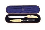 Vintage, cased two-piece Carving Set with (believed to be) Walrus Tusk handles. Master Knife measure