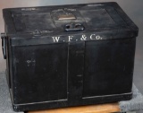 Heavy iron Strong Box with iron handles, brass lock with key, early Wells Fargo & Co., shipping labe