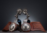 Beautiful pair of double mounted Spurs attributed to E. Garcia with intricate silver inlay and overl