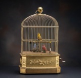 Unique, vintage, 5 cent coin-op, Three Bird Automaton with wooden gold gilt base and brass cage, com