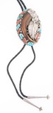 Beautiful, oval shaped Sterling Bolo decorated with bear claw, polished turquoise and coral, braided