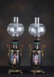 A matching pair of porcelain, hand painted portrait Victorian Oil Lamps, very ornate footed base, #