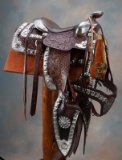 Beautiful Silver mounted Parade Saddle Ensemble, circa 1950s, heavy brown leather, floral tooled wit