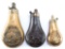 Three embossed Brass Powder Flasks; One with dog and hunter; One with dog;
