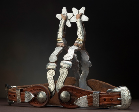 Fancy pair of double mounted, gal-leg Spurs by noted Compton, Arkansas Bit