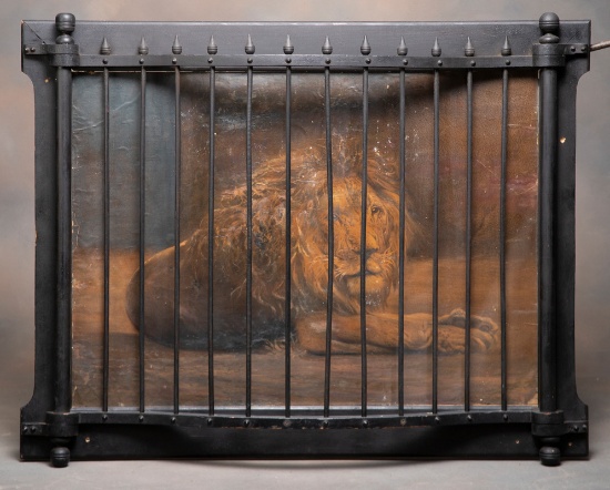 Antique Caged Lion representing another saloon game. Wooden caged frame mea