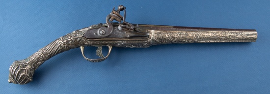 Flintlock Belt Pistol with fully embossed brass wrapped frame, 9" tapered s