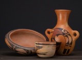 Three pieces of Hopi Pueblo Pottery, circa 1940, various sizes and forms, n