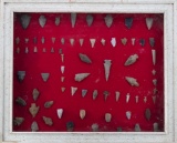 Framed collection of Arrowheads and Points, totaling approximately 70 artif