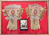 Fancy framed pair of Wild West beaded and fringed doe skin Gauntlets with f