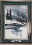 Framed Watercolor (1992) by noted Artist Milton Lucas, winter scene, frame