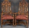 Beautiful matched pair of highly carved antique high back oak Arm Chairs, circa 1915, with pierced f
