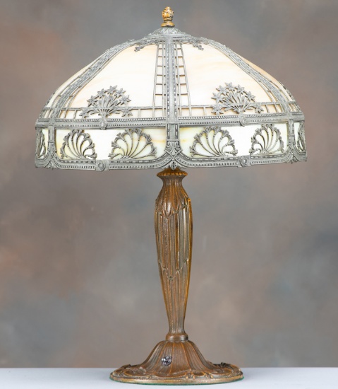 Beautiful antique multi-panel stained glass, slag glass Table Lamp, circa 1925, with 16" diameter fi