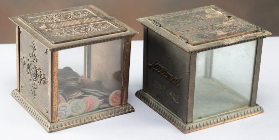 Two antique, "National" marked, glass and cast iron Receipt Boxes measuring 6 1/4" tall x 6 3/4" squ