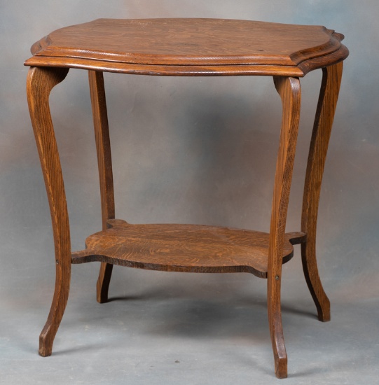Solid quarter sawn oak, antique Lamp Table with shaped turtle top and matching stretcher, circa 1910