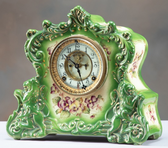 Antique Ansonia China Clock (green), circa 1915, 8-day time and strike with open escapement. China c