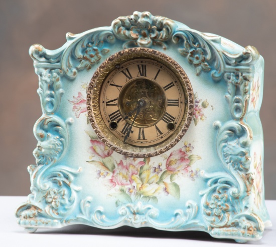 Antique blue China Clock attributed to Sessions Clock Co., circa 1915, 8-day time and strike with pa