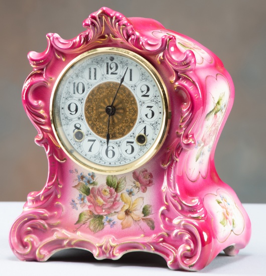 Antique Ansonia China Clock (rose), circa 1920, 8-day time and strike. China case is marked "Tuscola