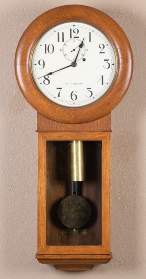 Antique oak case, weight driven, Seth Thomas Wall Regulator Clock, believed to be a Model 2, circa 1