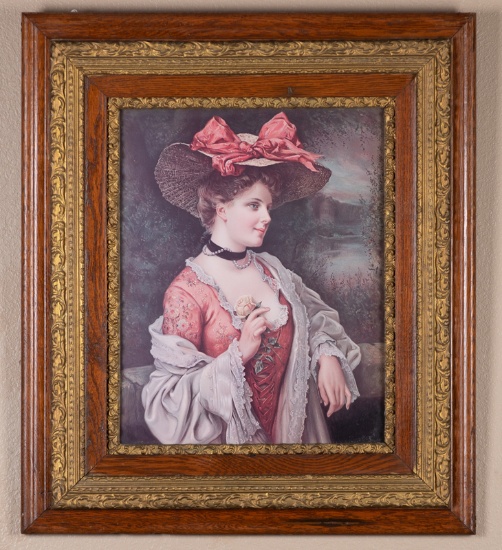 Beautiful antique oak and gilded Frame, circa 1900-1910 with Victorian Lady print, measures 26 1/2"