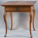 Beautiful antique quarter sawn oak, oversized Lamp Table with fancy carved skirt with drawer, circa