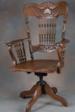 Beautiful antique quarter sawn oak, pressed back / spindle back, high back office chair with swivel