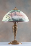 Antique reverse painted Table Lamp, circa 1920s, attributed to Mo Bridges Lamp Co., 16