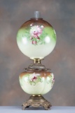 Large vintage, hand painted green and floral Gone with the Wind style Table Lamp, 11