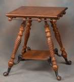 Antique, ball & claw, quarter sawn oak Lamp Table with unique rope twist design and lion heads suppo