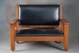 Matching two piece set of antique quarter sawn mission oak, Settee and Arm Chair, circa 1915-1920, c