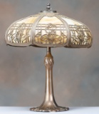 Antique slag glass, multi-panel Table Lamp, circa 1920-1925, attributed to Chicago Lamp Co., 17 1/2