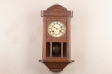 Antique oak case German Wall Clock, 8 day time and strike movement, complete with brass pendulum and