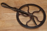 Antique iron Wheel Wright used by blacksmiths for measuring wagon wheels, with original cast iron ar