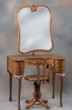 Antique quarter sawn oak, kidney shaped Dressing Vanity with unusual adjustable mirror, and tall bac