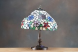 Leaded and stained glass Table Lamp with inlaid glass dragonflies in base, 14