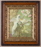 Beautiful antique oak and gilded Frame, circa 1900-1910 with cockatoo print, measures 27 1/4