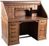 Unique antique, quarter sawn oak, slant roll, Roll Top Desk by Macey Co., circa 1910, with full draw