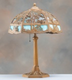 Bent panel slag glass Table Lamp, circa 1920s, attributed to Chicago Lamp Co., with 15