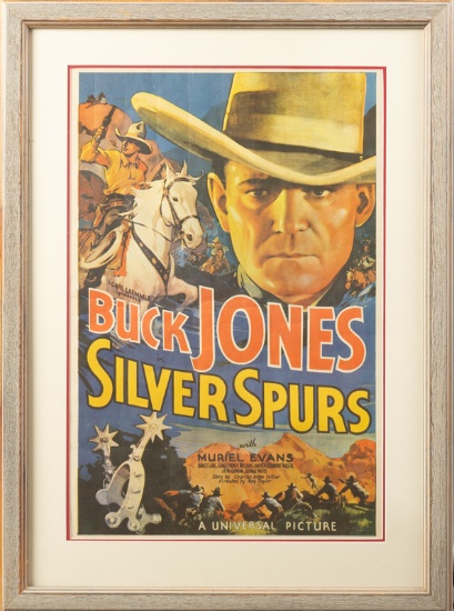 Framed vintage Movie Poster titled "Silver Spurs" featuring Buck Jones and Muriel Evans, A Universal