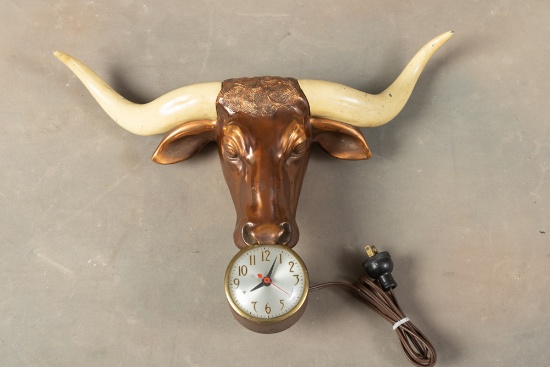 Vintage metal Steer Head Wall Clock dated 1949, manufactured by Champion Products, in working order