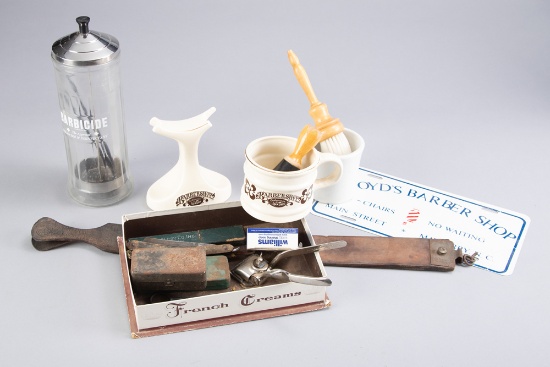 Tray lot of Barber Shop Items to include: Three Straight Razors, one in its original box marked "Uni