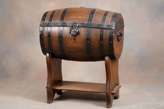 Unique two-piece Whisky Barrel Bar with three pressed glass decanters and four etched glass shot gla