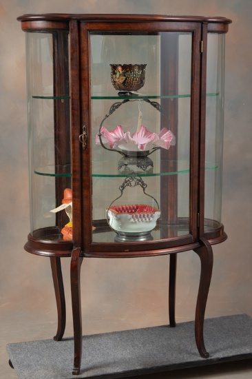 Unique antique triple curved glass Curio Cabinet, circa 1910, with key, cabriole legs, mirror floor