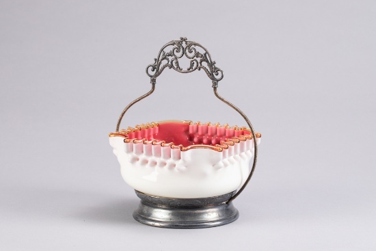 Beautiful Victorian silver and glass Brides Basket, circa 1880-1890, with cased glass cranberry/whit