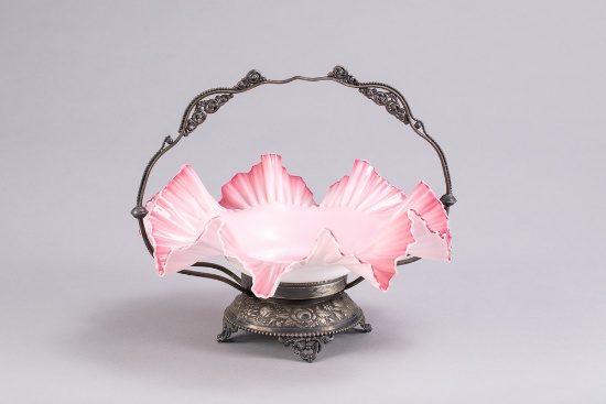 Cased glass fluted Brides Basket, 11 1/2" diameter bowl with 11" silver stand, circa 1900.