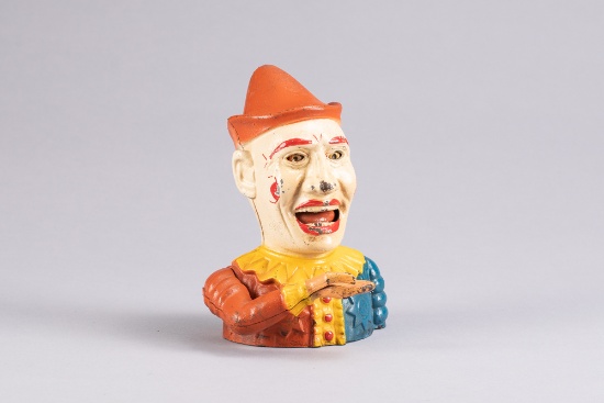 Cast iron Mechanical Bank titled "Humpty Dumpty Bank", with original coin trap. Measures 9" T, good