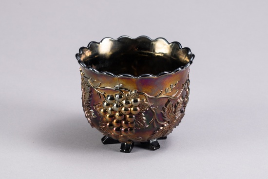 Carnival Glass footed Spooner in Grape and Cable Pattern, possibly Northwood, in beautiful blue / pu